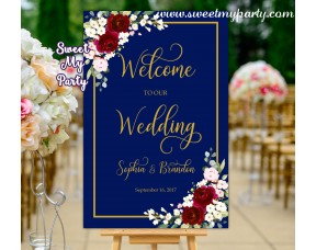 Navy Burgundy Wedding Welcome Sign,Welcome sign with Burgundy Flowers,(125w)